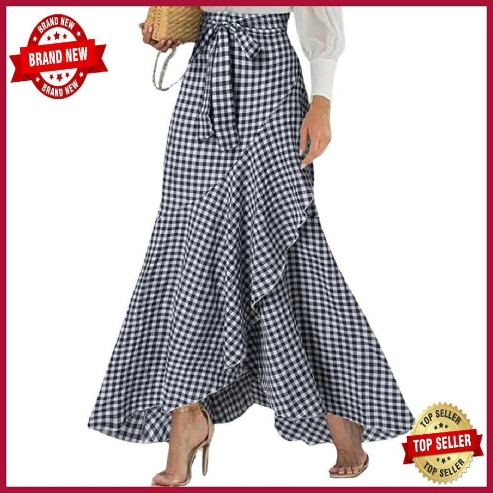 Women's Casual Plaid Mermaid Maxi Skirt A-Line Ruffle Hem Fishtail